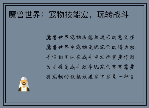 魔兽世界：宠物技能宏，玩转战斗